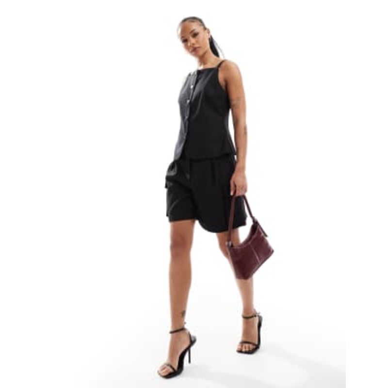 4th & Reckless Petite square neck sleeveless button up vest and cargo longline shorts set in black