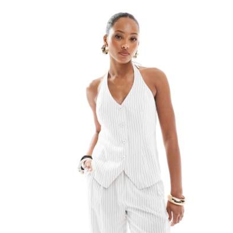 4th & Reckless tailored halterneck button through vest in white pinstripe – part of a set