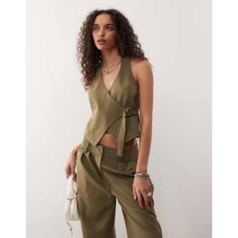 COLLUSION fitted tailored vest in khaki – part of a set