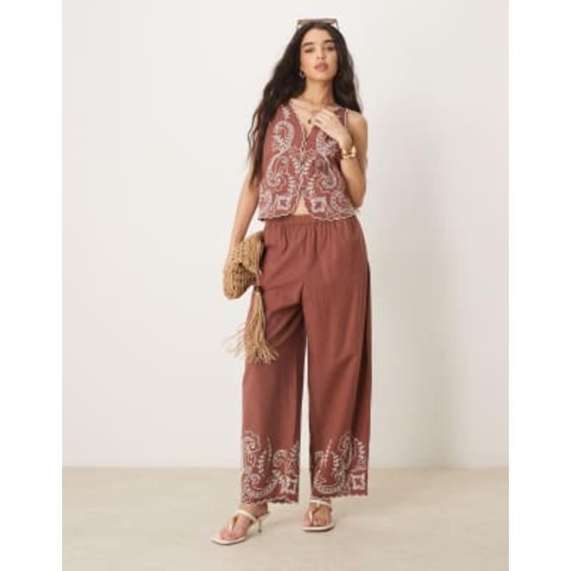 DESIGN linen blend scalloped edge embroidered vest and pants set in brown