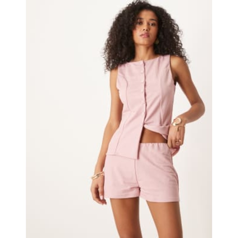DESIGN linen look longline vest and shorts set in rose pink