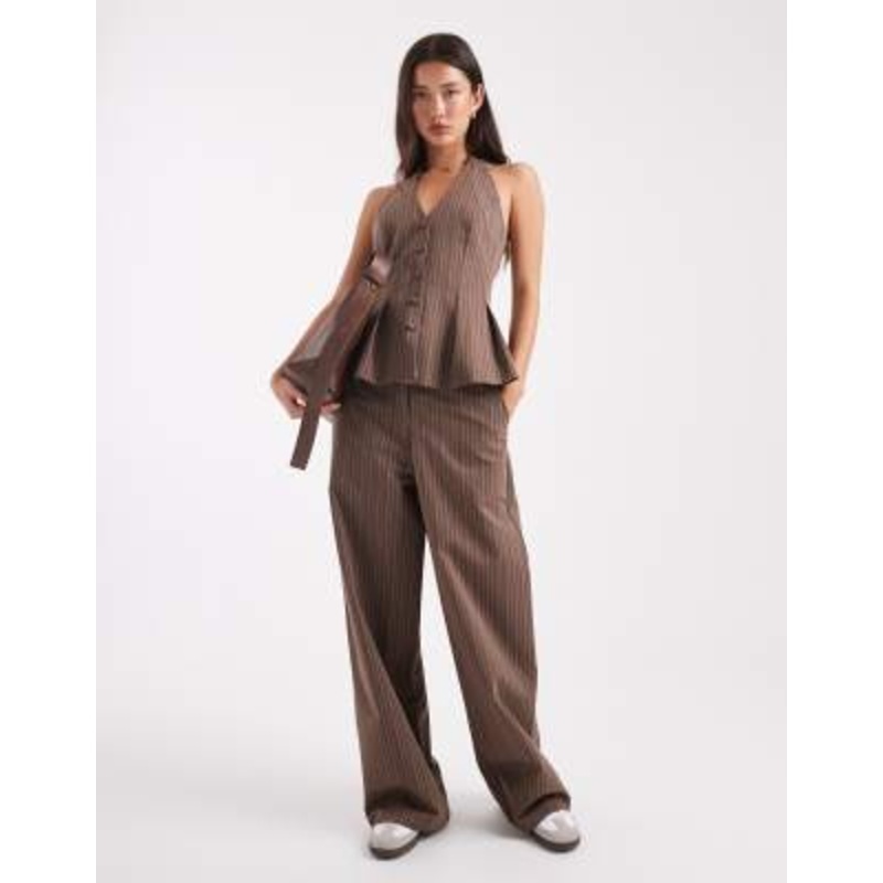 DESIGN tailored relaxed straight leg pants and vest set in coffee stripe