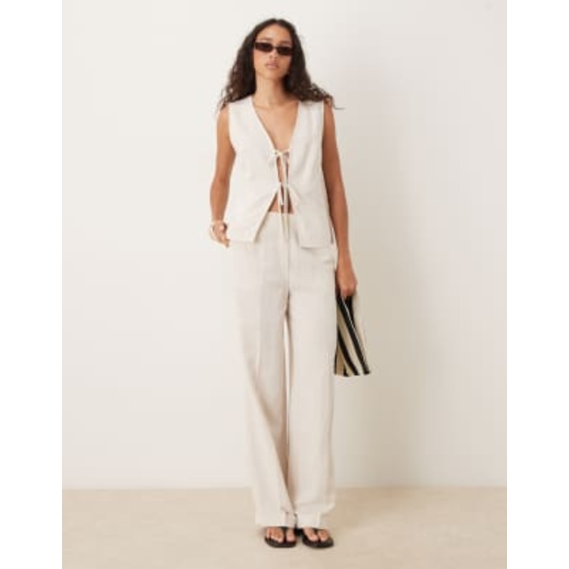 DESIGN tie front vest with linen and straight leg pants set in natural