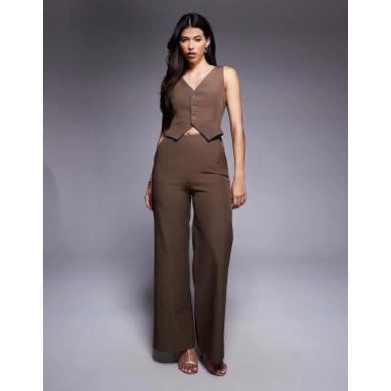Kaiia exclusive sleeveless wide leg vest detail jumpsuit in brown