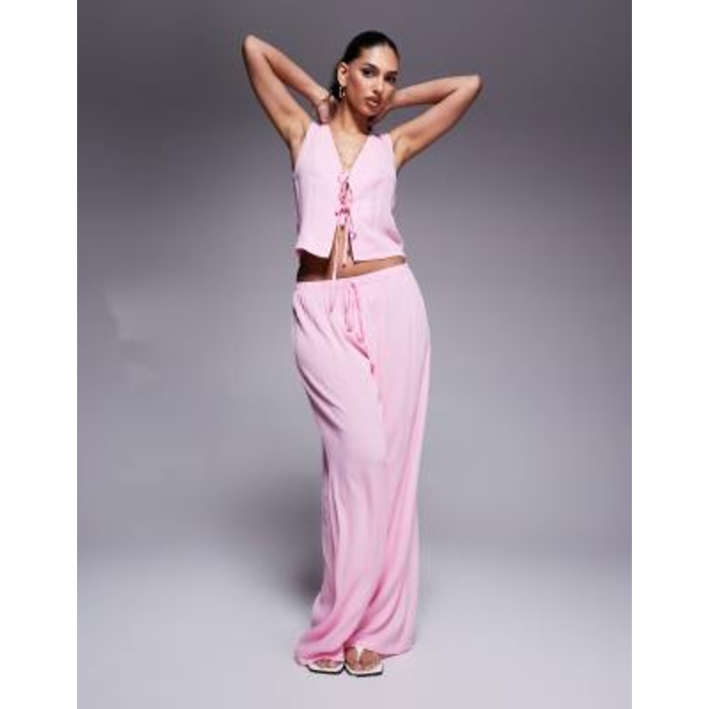 Kaiia exclusive tie front beach vest & textured wide leg pants set in pink