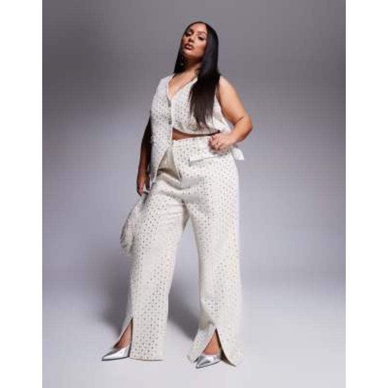 LUXE Curve embellished boucle vest with bow back and embellished boucle pants set in cream