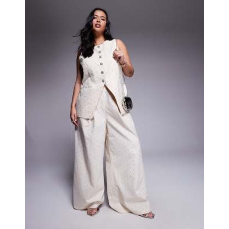 LUXE Curve hot fix linen vest with embellished buttons and wide leg pants in stone