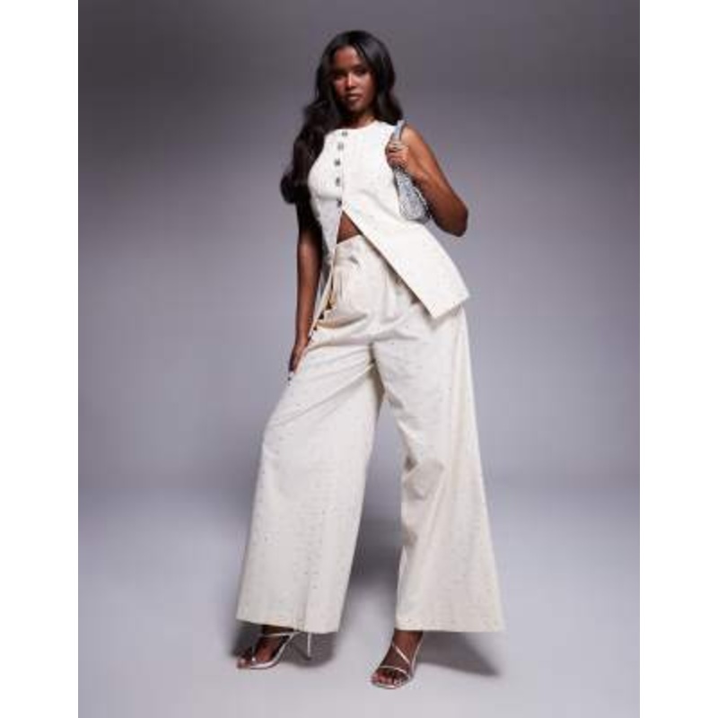 LUXE hot fix linen vest with embellished buttons and wide leg pants in stone