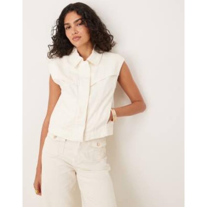 Mango boxy fit western sleeveless hidden button up vest in beige