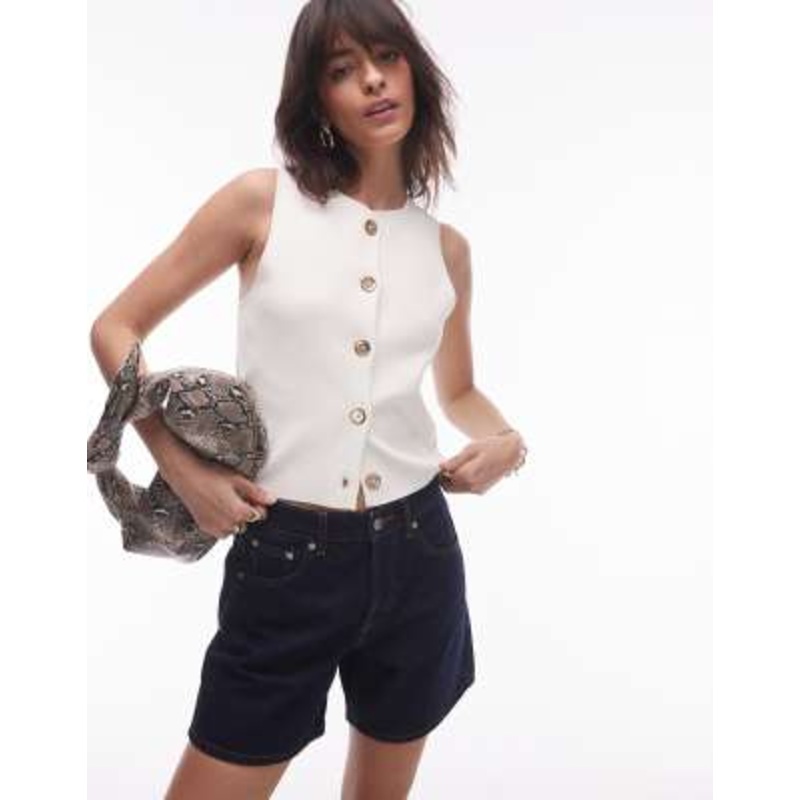 Mango button up fine knit vest with gold buttons in buttermilk