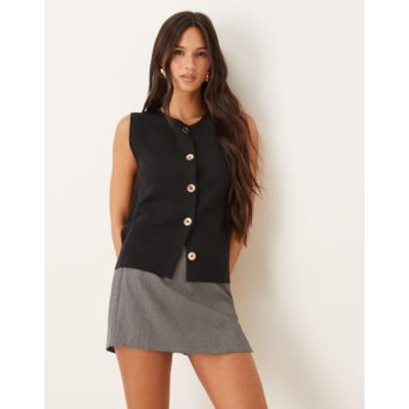 Mango knit high neck vest with gold buttons in black