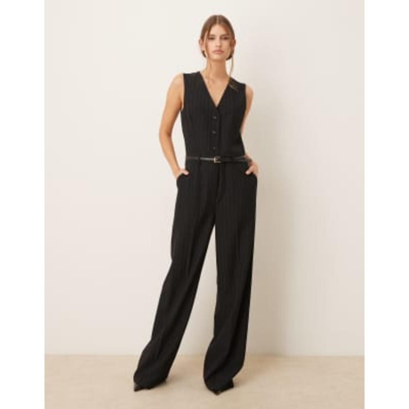 Mango tailored vest jumpsuit with belt in navy pinstripes