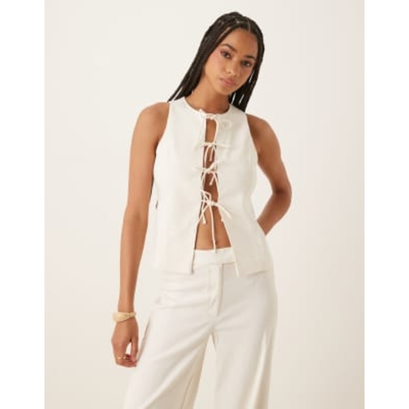 Mango tie front linen mix vest in white – part of a set