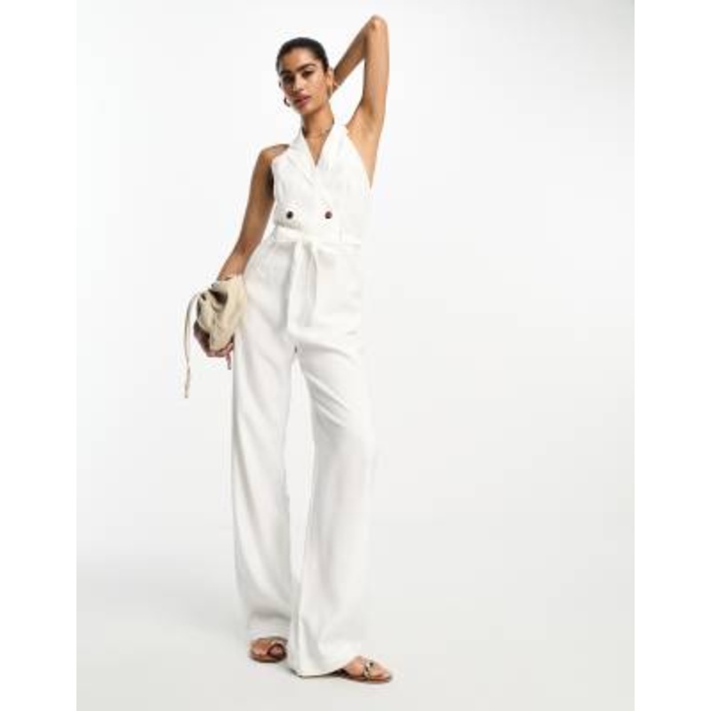 Mango vest detail tie waist jumpsuit in ecru