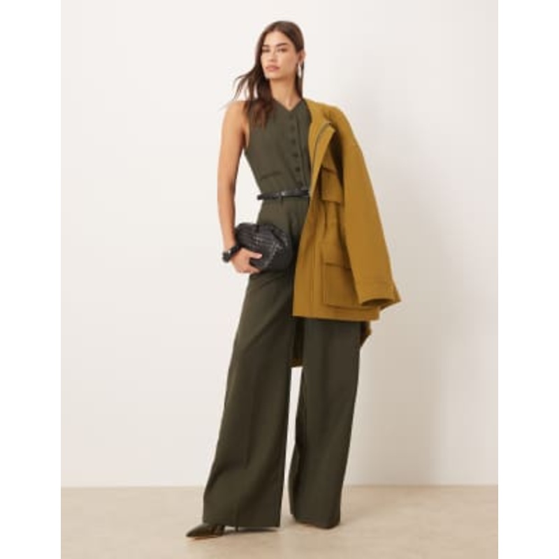Mango wool mix tailored belted vest jumpsuit in khaki