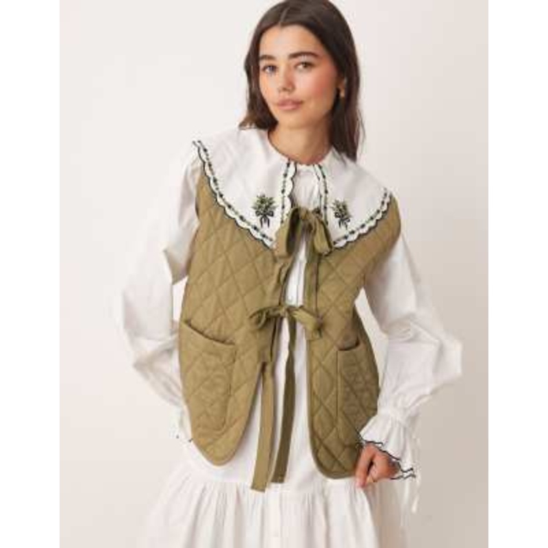 Miss selfridge quilted vest with ties in olive