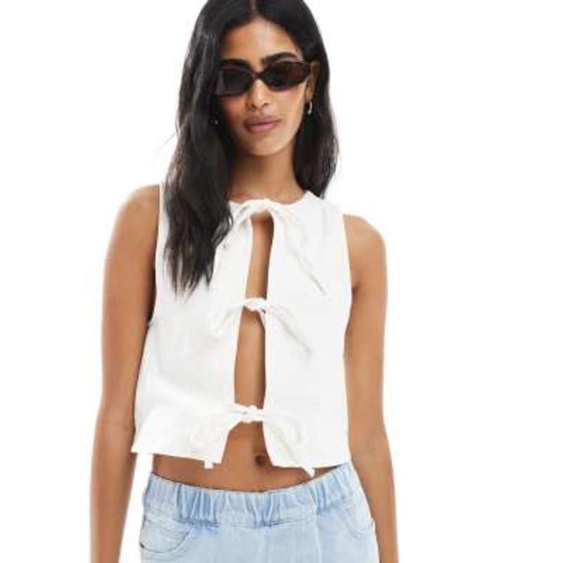 Miss Selfridge tie front denim vest in ecru