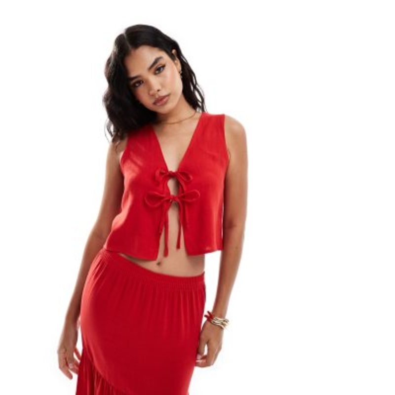 Miss Selfridge tie front linen vest in red