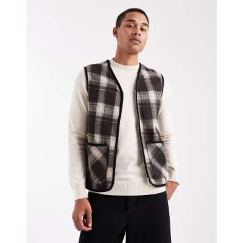 ONLY & SONS zip up vest in brown plaid