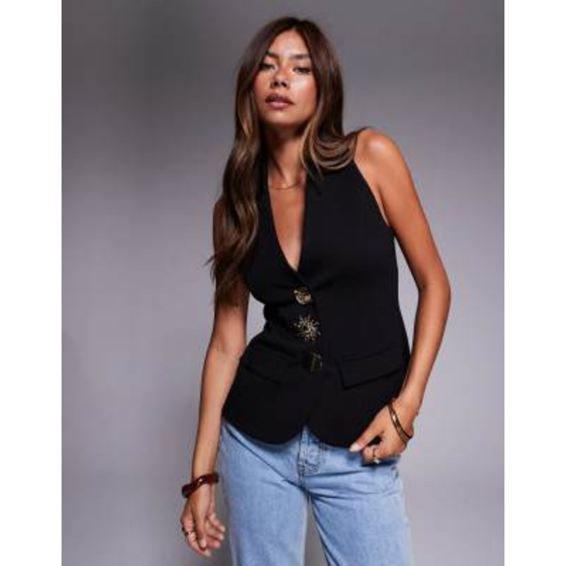 River Island gold button detail vest in black
