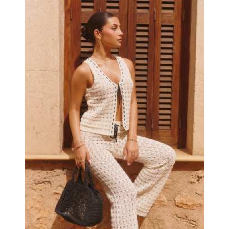 The Frolic x Lydia Kara exclusive crochet contrast thread trim beach vest top in cream – part of a set
