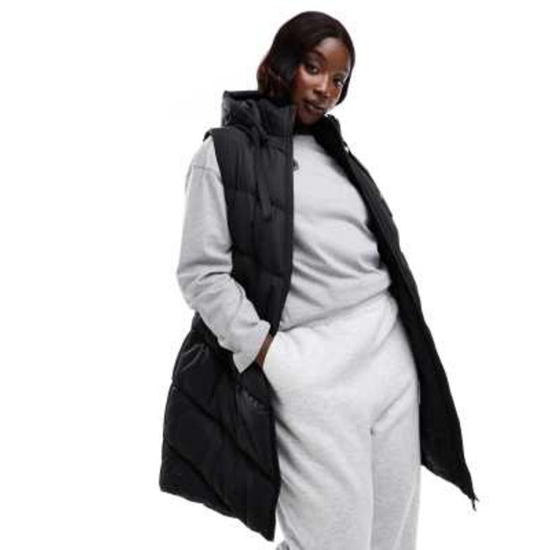 Threadbare Plus longline padded vest with hood in black