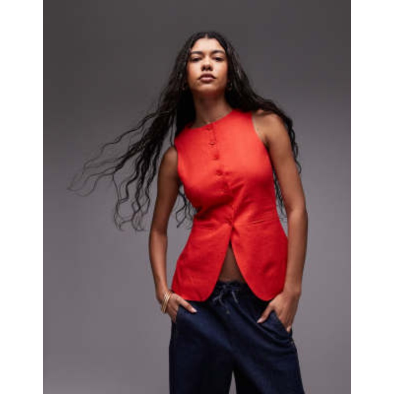 Topshop linen mix longline fitted vest with pockets in red