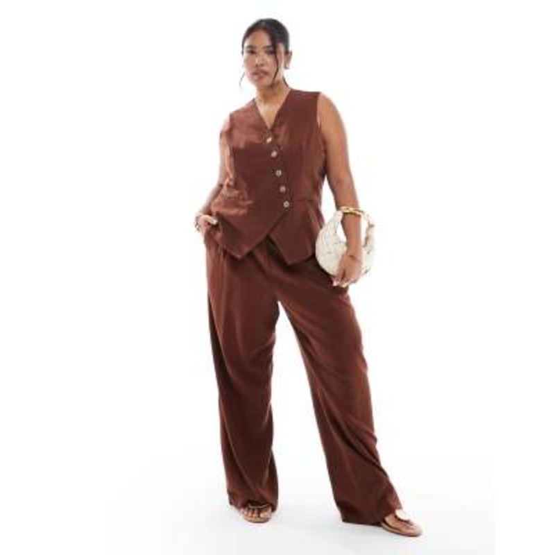 Vero Moda Curve linen touch asymmetric button front vest and pleat front wide leg pants set in chocolate