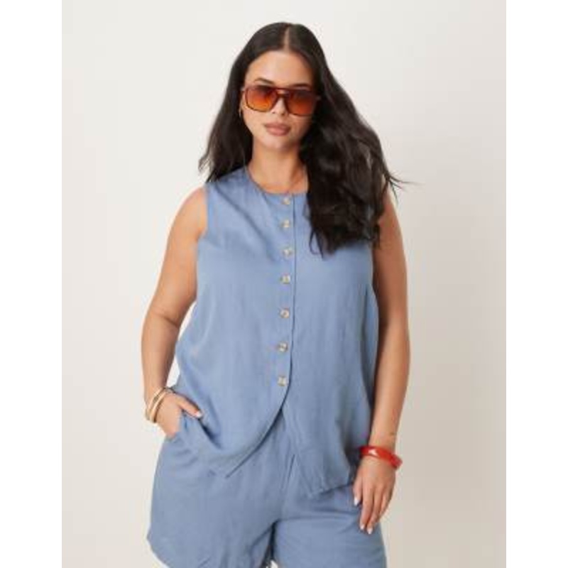 VILA Curve button front vest in chambray blue – part of a set