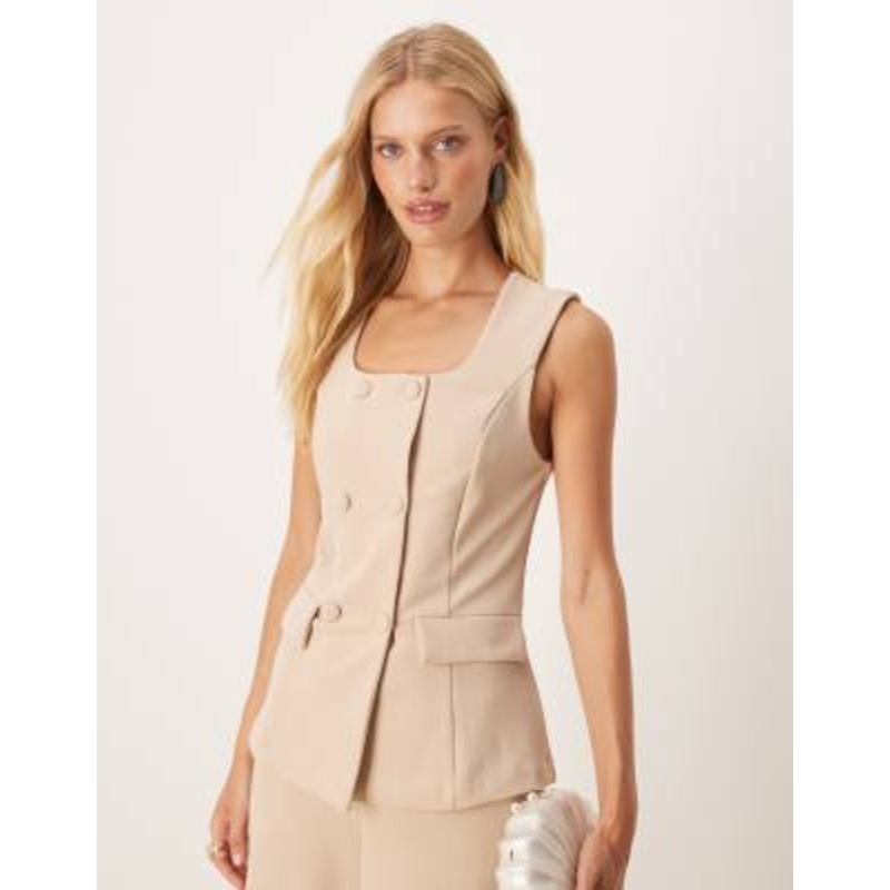 Vila double breasted square neck vest in stone – part of a set