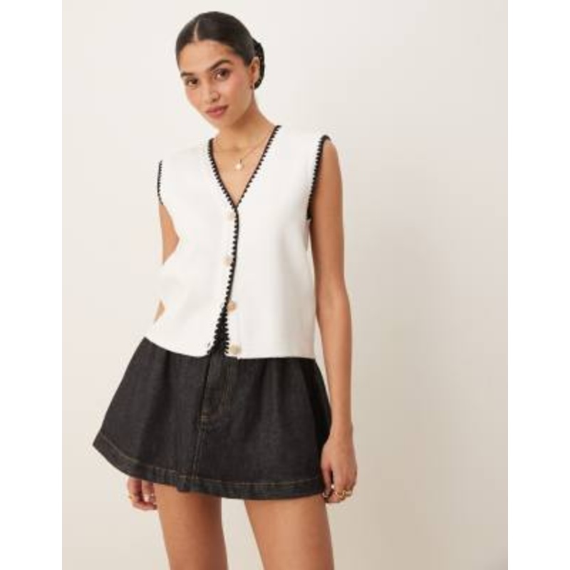 YAS button front knit vest with contrast stitch detail in white