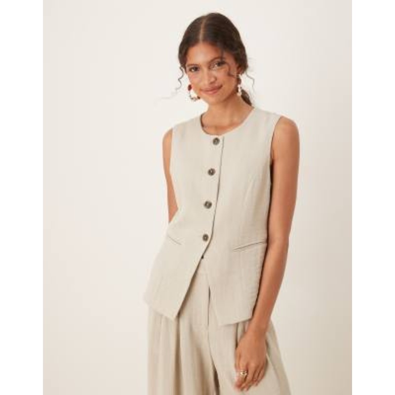 AWARE mix & match premium high neck longline tailored vest in stone – part of a set