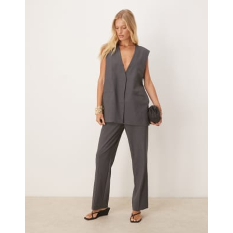 Aware oversized tailored vest and high waisted tailored pants set in dark gray