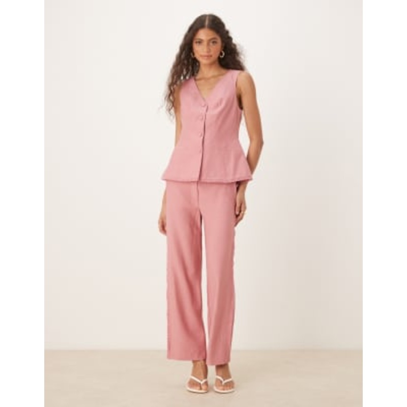 DESIGN tailored barrel arch leg pants with lace insert & lace edge trim vest set in pink