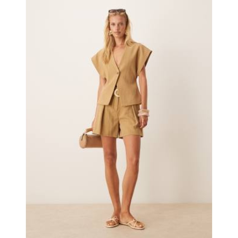 DESIGN tailored wrap vest and belted short set in olive stripe