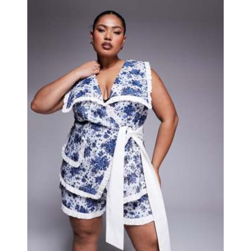 LUXE Curve jacquard tie side vest and jacquard shorts set with poplin contrast in blue floral