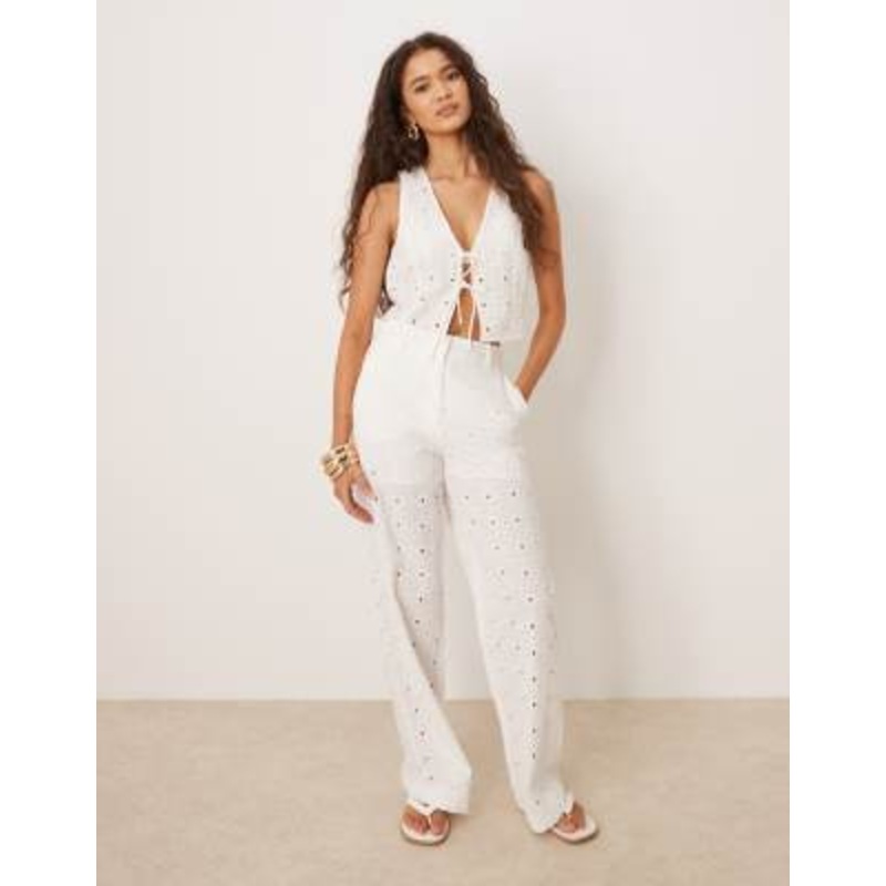 Mango floral broderie detail tie front vest and straight leg pants set in white