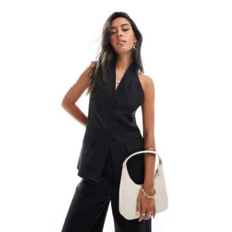 Mango halter neck linen vest in black