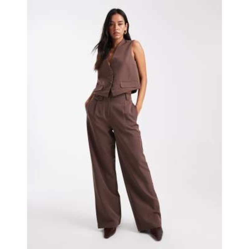 Pieces tailored vest and multiway button leg pants set in chocolate brown