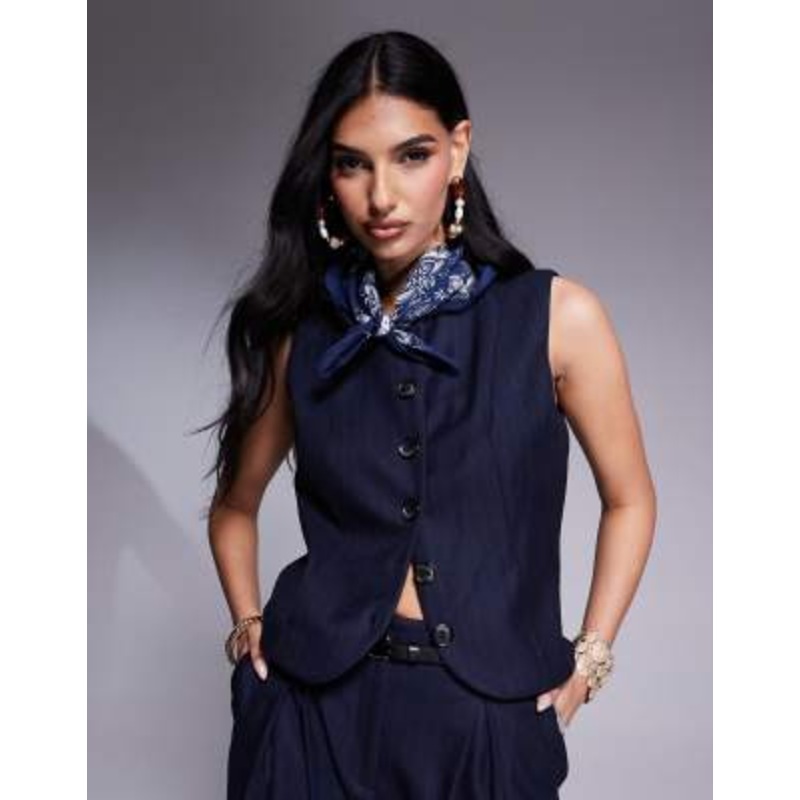 River Island high neck vest in navy pinstripe – part of a set