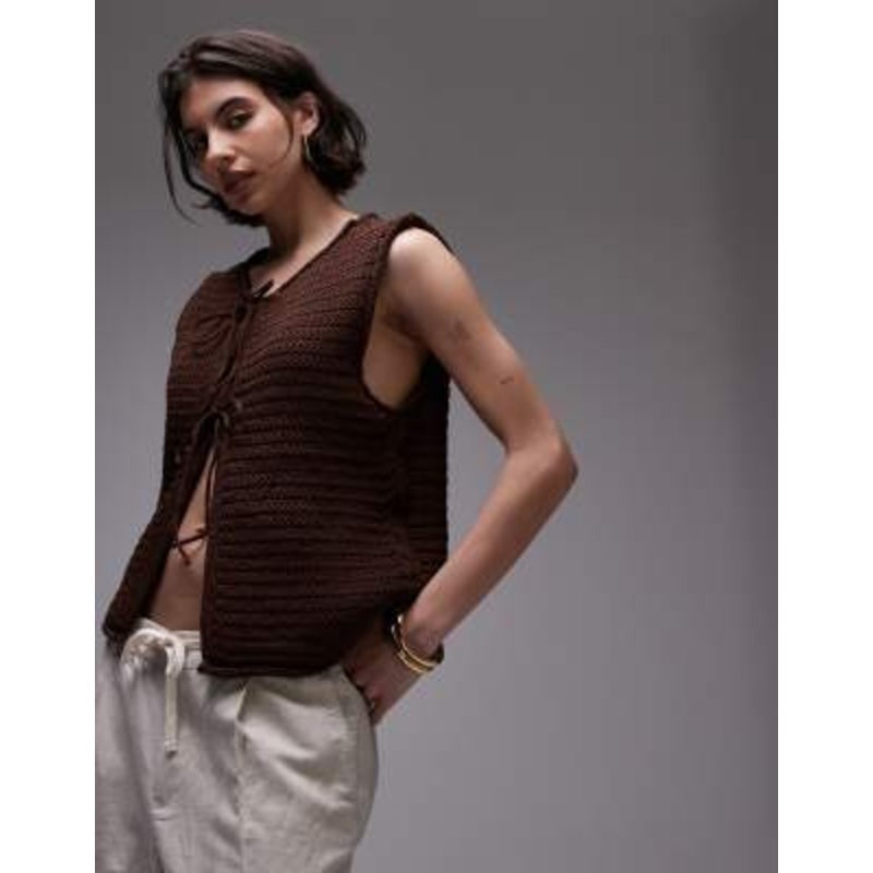 Topshop knit tie front vest in brown