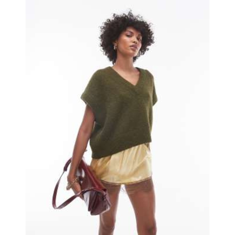 Topshop knit v-neck seam front off shoulder relaxed vest in khaki