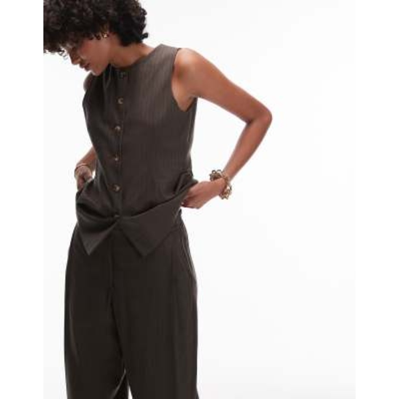 Topshop pinstripe tailored vest in khaki – part of a set