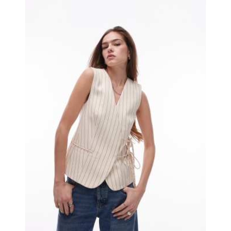 Topshop pinstripe tie side vest in beige