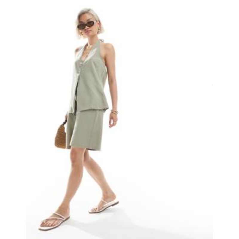 Vero Moda halterneck vest and tie waist shorts set in sea grass green