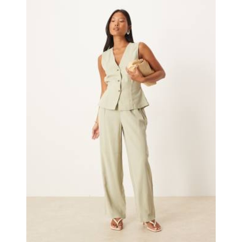 VILA Petite tie waist tailored vest and pants set in sage green