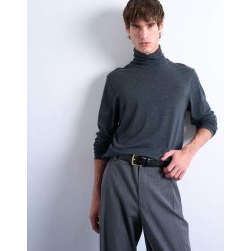 Topman relaxed fit turtle neck long sleeve t-shirt in dark gray
