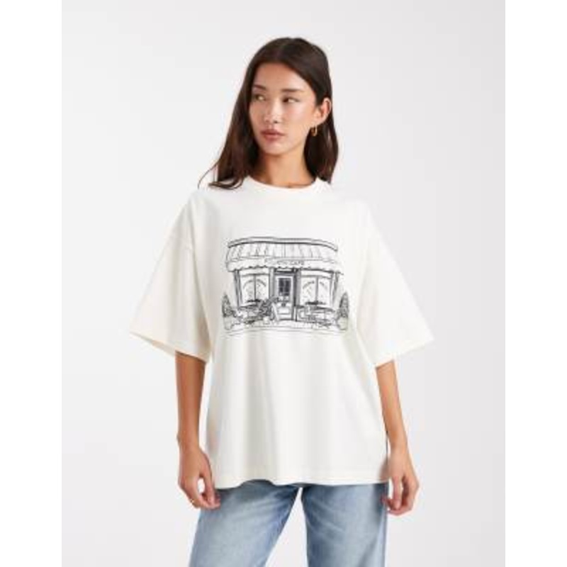 4th & Reckless cotton rich cafe graphic oversized t-shirt in white