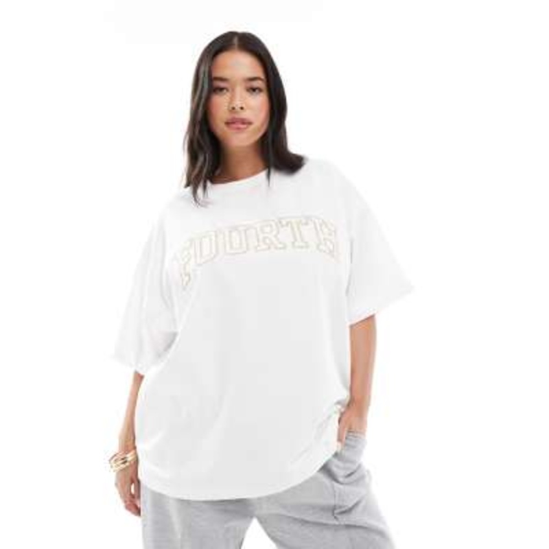 4th & Reckless Plus cotton crochet logo oversized t-shirt in white