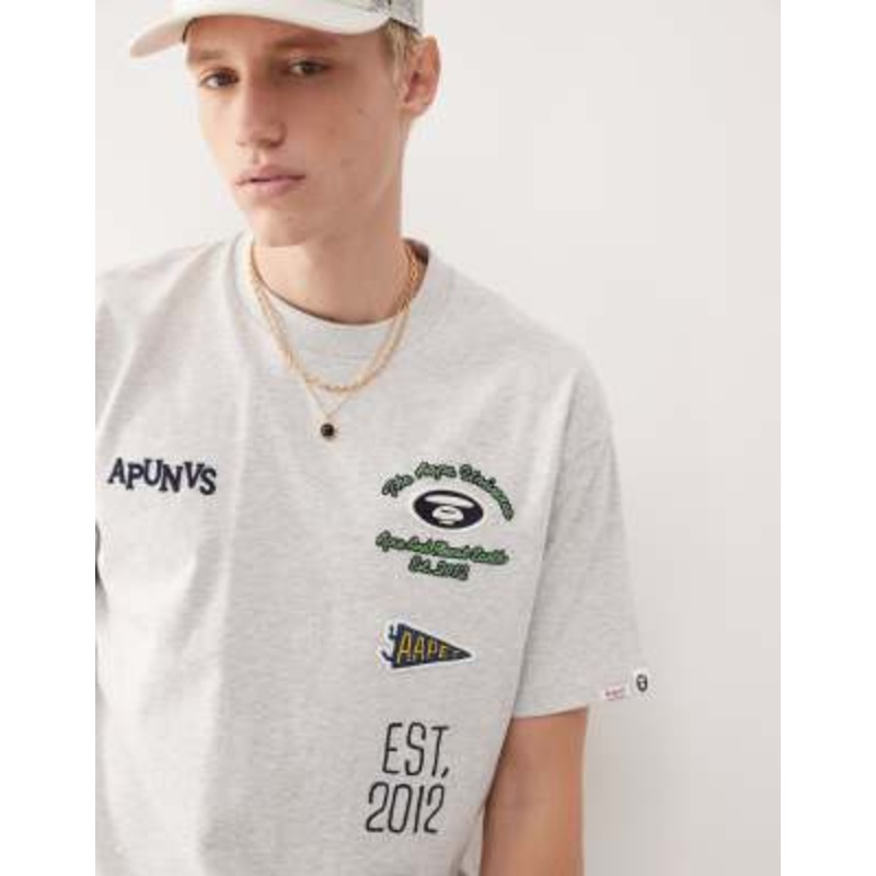 AAPE BY A BATHING APE boxy fit T-shirt in gray with multi placement college embroidery